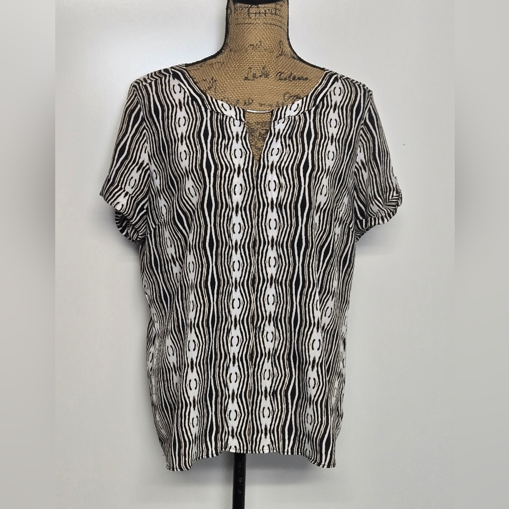 Worthington Short Sleeve Patterned Blouse Sz XL Black White Tan